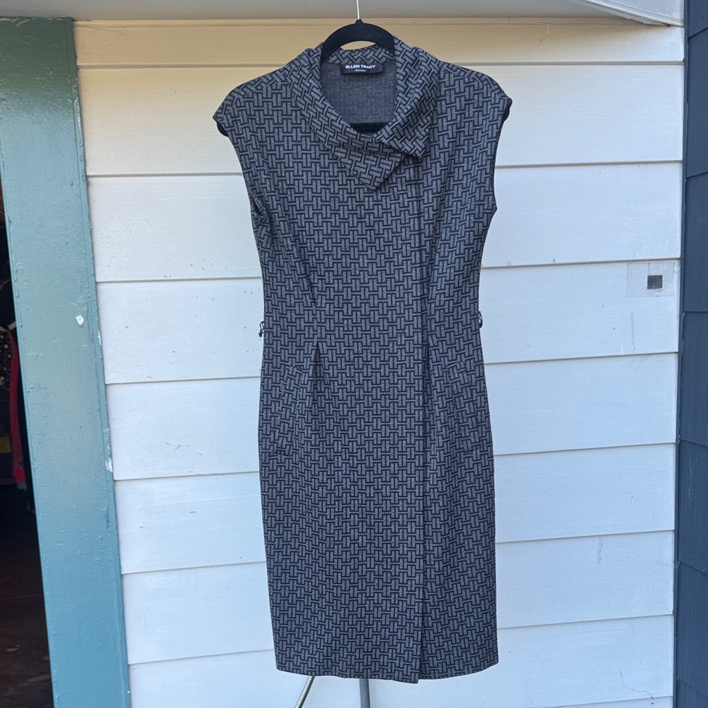 Ellen Tracy Black and Gray Geometric Midi Dress